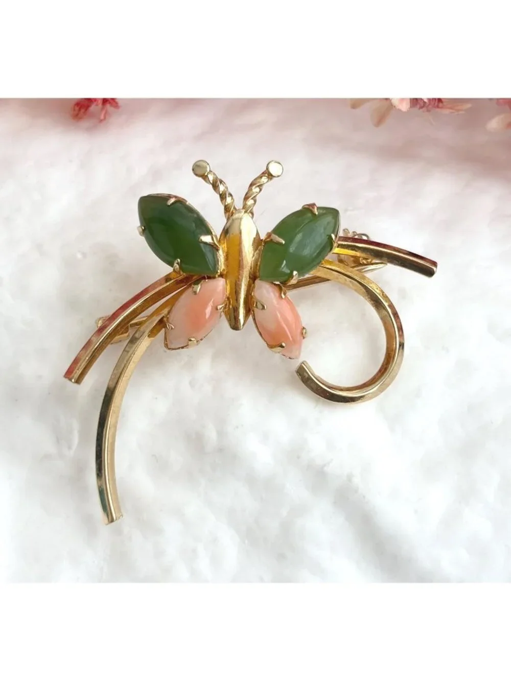 12k Gold Filled Carl Art Butterfly Figural Coral & Jade Vintage Brooch Pin